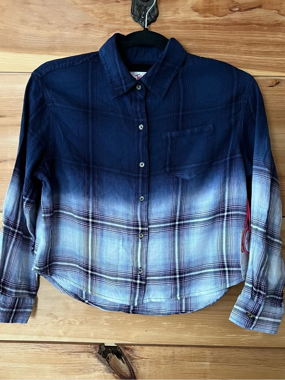 NWT Justice Girls’ Navy Ombre Plaid Button-Down Shirt Super Soft Cropped Preppy